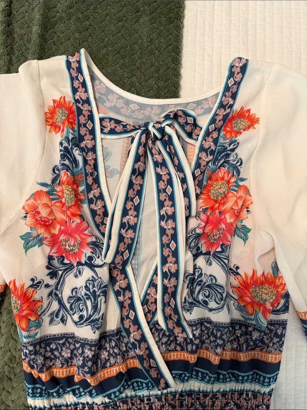 Jealous Tomato Cream Crop Top with Coral Floral Print and Navy Trim
